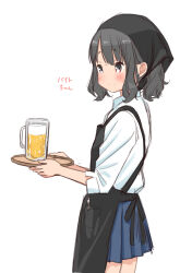  1girl alcohol apron bandana beer beer_mug black_apron blue_skirt blush closed_mouth collared_shirt commentary_request cowboy_shot cropped_legs cup drinking_glass earrings employee_uniform from_side grey_eyes grey_hair headscarf highres holding holding_tray jewelry light_blush long_sleeves looking_to_the_side miniskirt mug original pen pleated_skirt pocket retsumaru shirt short_hair sidelocks simple_background skirt sleeves_rolled_up smile solo standing stud_earrings tray waitress wavy_hair white_background white_shirt 