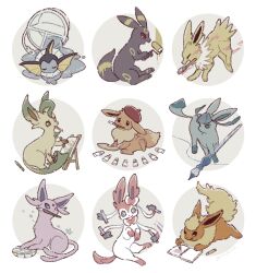  :q animal_focus beret brown_hat bucket bucket_spill canvas_(object) closed_eyes closed_mouth clothed_pokemon commentary_request crayon dot_nose drawing_(action) easel eevee espeon evolutionary_line flareon full_body glaceon hat holding holding_crayon holding_paint_roller holding_paintbrush holding_pencil jolteon leafeon mouth_hold no_humans open_mouth paint paint_can paint_palette paint_roller paint_tube paintbrush painting_(action) paintrush pencil pokemon pokemon_(creature) pokemon_focus sketchbook smile spill sylveon tongue tongue_out umbreon vaporeon yurano_(upao) 
