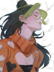  1girl absurdres braid braided_base bun_with_braided_base cleavage_cutout closed_eyes clothing_cutout cone_hair_bun daxawddc double_bun green_hair green_lips hair_between_eyes hair_bun heart heart_cutout highres irene_(jojo) jojo_no_kimyou_na_bouken kujo_jolyne lipstick long_hair makeup multicolored_hair orange_sweater simple_background solo stone_ocean sweater turtleneck turtleneck_sweater two-tone_hair white_background 