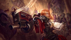  1girl adepta_sororitas aiming aiming_at_viewer alien armor book foreshortening highres holding holding_bolter holding_book inquisition_(warhammer) jewelry karl_hafner necklace one_eye_closed orange_hair power_armor shell_casing side_cape smoke tyranid tyranid_warrior warhammer_40k 