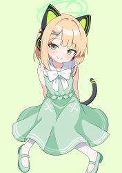  1girl absurdres animal_ear_headphones animal_ears bare_arms bare_shoulders blonde_hair blue_archive blush bow breasts cat_ear_headphones cat_ears cat_tail commentary_request dress fake_animal_ears fake_tail frills full_body green_background green_dress green_eyes green_halo green_shoes halo headphones highres looking_at_viewer midori_(blue_archive) shoes si_kishi small_breasts smile tail thigh-highs white_bow white_thighhighs 