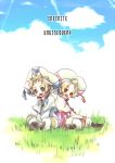  1girl blonde_hair blue_eyes brother_and_sister child cloud clouds grass hat infinite_undiscovery pants red_eyes rico_(infinite_undiscovery) rucha shawl shoes short_hair siblings sitting sky smile suzushiro_haru title_drop twins 