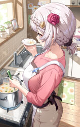  1girl alternate_costume apron artist_name black_scrunchie braid breasts brown_skirt commentary_request contemporary cooking cooking_pot cowboy_shot day flower food from_side genshin_impact green_eyes grey_hair hair_flower hair_ornament hair_scrunchie highres holding holding_plate indoors jewelry kitchen ladle large_breasts long_sleeves medium_hair no-ba noelle_(genshin_impact) parted_lips photo_(object) pink_shirt plant plate ponytail potted_plant revision rice_cooker ring scrunchie shirt sink skirt slice_of_life solo stew stove sunlight tasting_plate tile_wall tiles wedding_ring white_apron window wooden_floor 