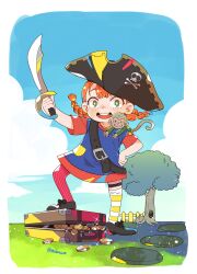  1girl animal_on_shoulder blue_dress braid briefcase bright_pupils coin commentary_request dress freckles full_body green_eyes hat hayasaka_mebawe highres looking_at_viewer monkey open_mouth orange_hair pippi_longstocking pippi_longstocking_(series) pirate_costume pirate_hat ribbed_pantyhose scimitar short_sleeves single_leg_pantyhose single_thighhigh solo striped_clothes striped_thighhighs sword thigh-highs tree twin_braids uneven_footing weapon white_pupils 