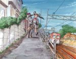  bicycle highres mamono_hunter_youko mano_youko oldschool school_uniform smile train twintails 