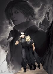  5boys angeal_hewley arm_around_shoulder armor baggy_pants black_gloves black_hair blonde_hair boots buster_sword carrying carrying_person cloud_strife commentary_request cornbaijin18605 crisis_core:_final_fantasy_vii english_commentary final_fantasy final_fantasy_vii from_behind genesis_rhapsodos gloves highres long_hair male_focus mixed-language_commentary multiple_boys pants sephiroth short_hair shoulder_armor sleeveless sleeveless_turtleneck spiky_hair suspenders sweater sword sword_on_back turtleneck turtleneck_sweater walking weapon weapon_on_back zack_fair 