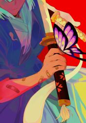  1girl alternate_costume bandaid bandaid_on_arm bandaid_on_finger bandaid_on_hand bug butterfly butterfly_on_hand eyes_out_of_frame green_hakama green_haori grey_hair hakama haori head_out_of_frame highres holding holding_sword holding_weapon japanese_clothes katana kimono konpaku_youmu konpaku_youmu_(ghost) onionmay purple_butterfly red_background short_hair simple_background sword tassel touhou weapon weapon_tassel white_kimono 