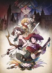 3boys 3girls alternate_costume arrow_(projectile) blonde_hair bow_(weapon) brendan_(pokemon) bright_pupils brown_hair building closed_mouth commentary_request emerald_(pokemon) gloves goggles goggles_on_headwear green_eyes hand_on_own_hip hat highres holding holding_arrow holding_bow_(weapon) holding_instrument holding_weapon instrument lightning long_hair lute_(instrument) may_(pokemon) multiple_boys multiple_girls one_eye_closed open_mouth pksp_adventure pokemon pokemon_adventures red_hat scarf smile steven_stone sword teeth weapon white_hat white_pupils witch_hat yellow_(pokemon) zinnia_(pokemon)