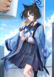  1girl 1other animal_ears black_eyes black_hair blue_archive blue_halo blue_haori blue_neckerchief book cat_ears cat_girl cat_tail cropped_legs cup english_text gradient_tail halo haori highres holding holding_book holding_cup japanese_clothes kaguyuzu kikyou_(blue_archive) kimono_on_shoulders long_sleeves looking_at_viewer mug multiple_tails neckerchief pleated_skirt sailor_collar school_uniform serafuku short_hair skirt tail two_tails window 