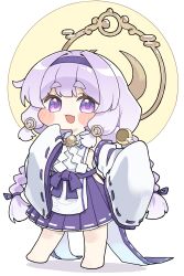  1girl :d absurdres barefoot blush_stickers braid chibi commentary_request crescent crescent_hair_ornament detached_sleeves egasumi full_body hair_ornament hairband hakama hakama_short_skirt hakama_skirt highres japanese_clothes kibisake long_hair long_sleeves low_twintails purple_hair purple_hairband purple_hakama ribbon-trimmed_hakama ribbon-trimmed_sleeves ribbon_trim shadow shide short_eyebrows simple_background skirt sleeves_past_fingers sleeves_past_wrists smile solo standing thick_eyebrows trickcal twin_braids twintails very_long_hair violet_eyes white_background white_sleeves wide_sleeves yomi_(trickcal) 