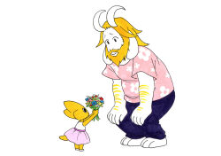  1boy 1girl 2019 2d age_difference aged_down alphys animal_ears animal_nose anthro arm_hair asgore_dreemurr barefoot beard black_pants blonde_hair blue_flower body_fur buck_teeth child colored_skin commentary con-cognito dinosaur dinosaur_girl droopy_ears english_commentary eye_contact facial_hair female floppy_ears floral_print flower furry furry_male goat goat_boy goat_ears goat_horns hands_on_own_knees holding holding_flower horns leaning_forward lizard lizard_girl lizard_tail looking_at_another male mammal monster monster_boy monster_girl official_alternate_costume pants pink_shirt pink_skirt red_flower reptile reptile_girl reptile_tail scalie shirt shoes simple_background size_difference skirt sleeveless sleeveless_shirt squatting tail teeth traditional_media undertale utdr_(toby_fox) white_background white_flower white_fur white_horns white_shoes yellow_flower yellow_skin 