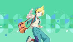  1boy aqua_eyes aqua_hat aqua_pants aqua_vest bag beret blonde_hair blue_background bow bowtie bracelet closed_mouth collared_shirt colorful_palette cropped_vest dot_nose drive_to_dream!_(project_sekai) fingernails flipped_hair foot_out_of_frame game_asset green_background hat highres jewelry jumping kagamine_len looking_at_viewer male_focus midriff_peek nail_polish official_alternate_costume official_art open_clothes open_vest orange_bag orange_bow orange_bowtie orange_pantyhose pants pantyhose platform_heels platform_shoes project_sekai shirt shoes short_sleeves smile solo split_mouth star_(symbol) third-party_source triangle two-tone_background vest vocaloid w white_shirt white_shoes wonderlands_x_showtime_len yellow_nails 