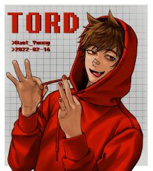  1boy animification ant-yummy artist_name bandaid bandaid_on_face bandaid_on_nose border brown_hair character_name commentary_request dated drawstring eddsworld fang grid_background hair_ears highres hood hood_up hoodie korean_commentary long_sleeves looking_at_viewer male_focus open_mouth painterly red_eyes red_hoodie red_nails short_hair smile solo tongue tongue_out tord_(eddsworld) upper_body white_border 