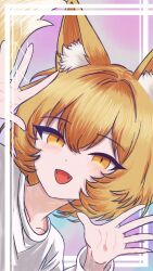  1girl :d absurdres animal_ear_fluff animal_ears arm_up artist_name blonde_hair commentary diamond-shaped_pupils diamond_(shape) dot_nose fangs fox_ears fox_girl fox_tail gradient_background hair_between_eyes hand_up highres ink_black inset_border long_sleeves looking_at_viewer missing_headwear open_hands open_mouth outside_border portrait shirt short_hair simple_background smile solo symbol-shaped_pupils tail touhou white_shirt yakumo_ran yellow_eyes 
