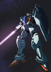  1990s_(style) absurdres commentary_request energy energy_beam energy_sword fake_screenshot gicchon glowing glowing_eyes gundam gundam_0083 gundam_gp-01_zephyranthes highres holding holding_sword holding_weapon looking_at_viewer mecha mecha_focus mobile_suit no_humans official_style retro_artstyle robot shield solo space star_(sky) starry_sky_background sword weapon zero_gravity 