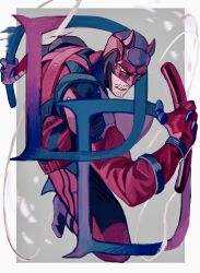  1boy axlhj0422 blind bodysuit character_logo commentary cowl daredevil daredevil_(series) gloves highres holding holding_baton horned_mask horns looking_at_viewer male_focus marvel mask muscular muscular_male red_bodysuit solo superhero_costume weapon 