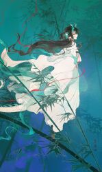  1girl arknights bamboo bamboo_forest bare_shoulders black_hair breasts chinese_clothes dragon_girl dragon_horns dragon_tail dusk_(arknights) dusk_(hazy_jade)_(arknights) eastern_dragon_horns eastern_dragon_tail floating_hair flower fog forest from_side full_body green_hanfu green_horns green_streaks hagoromo hair_flower hair_ornament hair_rings hanfu highres horns long_hair looking_at_viewer medium_breasts mei_ren multicolored_hair nature plantar_flexion pointy_ears profile qixiong_ruqun red_eyes shawl sideways_glance single_hair_ring solo standing streaked_hair tail tiptoes 