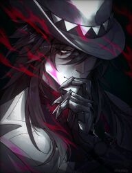  1boy absurdres arm_up ashveil_(honkai:_star_rail) black_gloves black_hair black_shirt blinolikiy closed_mouth commentary english_commentary eyelashes gloves grey_eyes hair_between_eyes hat highres honkai:_star_rail honkai_(series) jacket lapels long_hair looking_at_viewer male_focus notched_lapels one_eye_covered shirt smile solo white_hat 