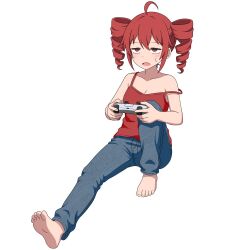  1girl :o ahoge bangs barefoot blue_pants cel_shading controller drill_hair half-closed_eyes jeans kasane_teto no_pupils open_mouth pants red_eyes red_hair red_shirt sidelocks solo strap strap_slip sweat sweatdrop sweater tank_top utau white_background 