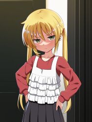  1girl absurdres black_skirt blonde_hair camisole closed_mouth collarbone commentary cowboy_shot english_commentary frilled_camisole frills frown glaring green_eyes hair_between_eyes hands_on_own_hips hayate_no_gotoku! highres indoors long_hair long_sleeves looking_at_viewer lostorder pleated_skirt red_shirt sanzen'in_nagi shaded_face shirt sidelocks skirt solo split_mouth straight_hair twintails v-shaped_eyebrows very_long_hair white_camisole 