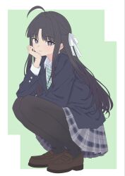  1girl ahoge awa_subaru black_hair black_jacket black_pantyhose blue_jacket brown_shoes commentary_request diagonal-striped_clothes diagonal-striped_necktie full_body girls_band_cry green_necktie grey_skirt hair_ribbon highres jacket loafers long_hair looking_at_viewer n5_y19 necktie pantyhose parted_bangs pleated_skirt ribbon school_uniform shoes sidelocks skirt solo squatting striped_clothes striped_necktie violet_eyes white_background 