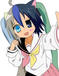  1girl 2000s_(style) absurdres asymmetrical_eyes bern1y bow bowtie chimerism commentary_request faux_retro_artstyle fusion futaba_channel heterochromia highres moetron multicolored_bow multicolored_bowtie single_animal_ear solo split-color_clothes twintails two-tone_bow two-tone_bowtie two-tone_sailor_collar white_background yellow_bow yellow_bowtie 