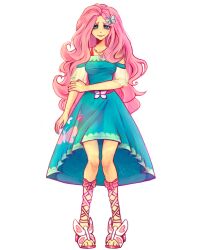  1girl absurdres animal_print blue_dress blue_eyes bow breasts butterfly_hair_ornament butterfly_print colored_skin commentary curtained_hair cutie_mark cutie_mark_print dress english_commentary eyelashes fluttershy hair_ornament highres long_hair looking_at_viewer medium_breasts my_little_pony my_little_pony:_friendship_is_magic official_alternate_costume pink_hair ribbon see-through_clothes see-through_sleeves shoes short_sleeves single_bare_shoulder smile white_background xxsaireexx yellow_sleeves 