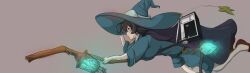  absurdres black_cape black_hair blue_hat blue_robe broom broom_riding cape chain commentary_request hand_on_own_hat hat highres lantern mizorenuma2015 original radio robe simple_background solo witch_hat wizard 