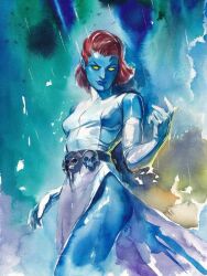  1girl abstract_background blue_lips blue_skin colored_sclera colored_skin come_hither dress elbow_gloves english_commentary gloves itoscaresme marvel marvel_snap mystique official_art painting_(medium) rain red_hair short_hair signature skull_belt solid_eyes solo superhero_costume traditional_media western_comics_(style) white_dress white_gloves x-men yellow_sclera 