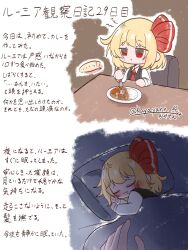  ? blanket blonde_hair commentary_request curry curry_rice dinner food highres kayayann_14 mirror pillow red_eyes red_shoes rice rumia shoes sleeping spoon table touhou translation_request 
