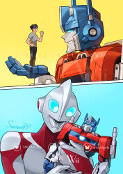  2boys abs alien black_hair blue_eyes color_timer colored_skin commentary commission compound_eyes crossover east-west_crossover english_commentary fins glowing glowing_eyes head_fins highres humanoid_robot lanky_male male_focus mecha multiple_boys optimus_prime optimus_prime_(transformers_one) pectorals robot science_fiction shirt smile snowii_arts transformers transformers_one ultra_series ultraman:_rising ultraman_(ultraman:_rising) 