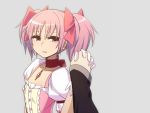  bow chan_co chanã—co choker gloves hair_bow hand_holding hands_clasped holding_hands interlocked_fingers kaname_madoka mahou_shoujo_madoka_magica pink_eyes pink_hair puffy_sleeves short_hair short_twintails simple_background tears twintails 