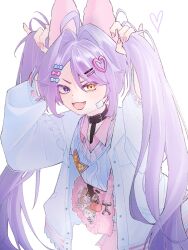  1girl :d ahoge animal_ears arms_up bag bandaid bandaid_on_cheek bandaid_on_face blue_cardigan blue_eyes bunching_hair cardigan choker collared_shirt commentary_request fang fangs hair_between_eyes hair_ornament hairclip heart heart_hair_ornament heterochromia highres holding jacket korean_commentary leeleo_25 long_hair long_sleeves looking_at_viewer nail_polish open_clothes open_jacket open_mouth orange_eyes pink_nails purple_hair rabbit_ears shirt simple_background skin_fang smile solo stellive sweater symbol-shaped_pupils tenko_shibuki twintails tying_hair upper_body very_long_hair virtual_youtuber white_background yellow_eyes 
