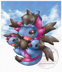  black_eyes blue_sky border commentary_request deino_(pokemon) flying hydreigon no_humans nostrils open_mouth outdoors pokemon pokemon_(creature) sky tsukasa_pika watermark white_border 
