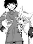  aiguillette animal_ears genderswap grin hand_on_hip hips hoshino_lily japanese_clothes kimono military military_uniform monochrome otome_youkai_zakuro role_reversal scared smile uniform zakuro zakuro_(otome_youkai_zakuro) 