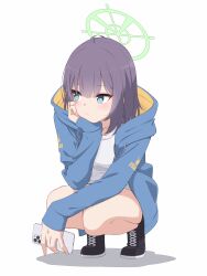  1girl absurdres blue_archive cellphone closed_mouth commentary_request green_eyes green_halo hair_between_eyes halo hand_on_own_cheek hand_on_own_face highres holding holding_phone hood hooded_jacket hoodie iphone jacket looking_at_viewer phone plasbott purple_hair saki_(blue_archive) simple_background smartphone solo thighs white_background 