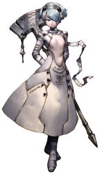  1girl absurdres armor armored_dress bandaged_foot bandaged_neck bandages closed_mouth clothes_writing dress expressionless full_body grey_hair hair_over_one_eye hairband hammer highres holding holding_behind_back holding_hammer holding_weapon holding_weapon_behind_back metal_hairband official_art prier_(stella_deus) print_dress short_hair silver_hairband simple_background soejima_shigenori solo stella_deus:the_gate_of_eternity third-party_source weapon white_background white_dress 