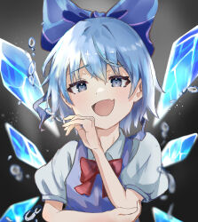  1girl :d absurdres black_background blue_bow blue_dress blue_eyes blue_hair blush bow bowtie cirno collared_shirt commentary_request crossed_bangs dress fang hair_between_eyes hair_bow hand_on_own_elbow hand_up highres ice ice_wings looking_at_viewer open_mouth pinafore_dress red_bow red_bowtie shirt short_hair short_sleeves skin_fang sleeveless sleeveless_dress smile solo tamani_e touhou upper_body white_shirt wings 