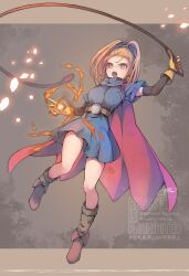  1girl aqua_tunic barbara_(dq6) belt blue_dress breasts brown_shoes brown_socks cape commentary_request dragon_quest dragon_quest_vi dress earrings fire gloves grey_eyes high_ponytail holding holding_whip jewelry large_breasts long_hair mal_(mal7) open_mouth orange_hair ponytail red_cape shoes socks solo sphere_earrings tunic whip yellow_gloves 