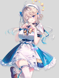  1girl :q ahoge belt bird black_belt blonde_hair blue_bow blue_cape blue_eyes blue_hair blue_skirt blue_wrist_cuffs bow braid breasts brown_shoes cape character_name comiket_108 commentary earrings frilled_thigh_strap gold_bow gradient_hair grey_background hair_bow hair_rings hat heart heart_hands honami_azusa honami_azusa_(1st_costume) jewelry large_breasts layered_skirt loafers long_hair looking_at_viewer mole mole_under_eye multicolored_hair name_tag official_artist_extra one_eye_closed puffy_short_sleeves puffy_sleeves riichu sailor_hat shirt shoes short_sleeves simple_background skirt solo specialite_(company) standing standing_on_one_leg thigh-highs thigh_strap tongue tongue_out virtual_youtuber white_background white_bow white_shirt white_skirt white_thighhighs wrist_cuffs yellow_bird 