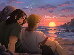  2boys beach black_hair black_shorts blonde_hair clouds cloudy_sky crossover english_text feet_out_of_frame green_shirt headband highres horizon iron_lung_(movie) knees_up leaning_back looking_at_another male_focus multiple_boys outdoors project_hail_mary ryland_grace scenery shirt shore short_hair shorts simon_(iron_lung) sitting sky slovnikoi smile trait_connection wavy_hair white_shirt 