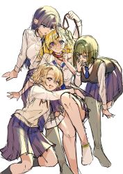  4girls :d all_fours black_hair blonde_hair blue_eyes blue_necktie brown_sweater_vest chiyoko_hanamura collar commentary_request green_hair grey_eyes hand_on_own_face harem highres holding holding_leash leash long_hair long_sleeves looking_at_another medium_hair mimoto_(aszxdfcv) multiple_girls necktie open_mouth pleated_skirt ponytail purple_skirt red_collar sakura_sakine school_uniform shirt simple_background sitting sketch skirt smile straight_hair sweater_vest three-quarter_sleeves white_background white_shirt yellow_sweater_vest yukishiro_mafuyu_(yuri_no_hajimari_wa_dorei_kara) yuri yuri_no_hajimari_wa_dorei_kara 