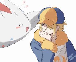  1boy blonde_hair blue_jumpsuit commentary_request flower_symbol grey_eyes hair_over_one_eye hand_up hat head_rest highres jumpsuit long_sleeves looking_to_the_side male_focus pokemon pokemon_(creature) pokemon_legends:_arceus pom_107 smile togekiss volo_(pokemon) white_background 