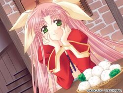  1girl angelic_serenade brick_wall broccoli fia_note food green_eyes hair_intakes naruse_chisato pink_hair rice smile solo stairs table twintails 