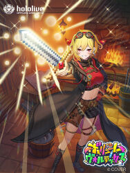  1girl :d anvil black_boots black_coat black_scarf black_shorts blonde_hair boots bow coat commentary_request cropped_sweater earrings furnace gloves goggles goggles_on_head grin hair_bow hand_on_own_hip holding holding_sword holding_weapon hololive hololive_indonesia hololive_official_card_game indoors jewelry kaela_kovalskia kaela_kovalskia_(4th_costume) knee_boots lace-up_boots long_coat madopen midriff navel o-ring o-ring_thigh_strap official_art outstretched_arm pixelated red_bow red_eyes red_gloves red_sweater ribbed_sweater scarf short_hair short_shorts shorts single_earring smile solo standing sweater sword thigh_strap thighlet two_side_up virtual_youtuber weapon welding_goggles 