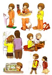  backpack bad_id bag breakfast brown_hair brushing_teeth cat combing copyright_request cup dressing drinking eating fish fish_tank hair_brushing hair_comb happy highres kneeling pajamas randoseru seiza short_hair sitting slippers smile tea toothbrush undressing 