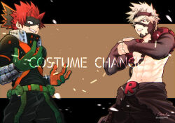  2boys abs bakugou_katsuki bakugou_katsuki_(cosplay) black_border blonde_hair blush boku_no_hero_academia border brown_background clenched_hands closed_mouth commentary_request cosplay costume_switch english_text eye_mask gloves highres kirishima_eijiro kirishima_eijiro_(cosplay) letterboxed looking_at_viewer male_focus mask multiple_boys navel nipples outside_border pants red_eyes red_hair smile souta_(souta440) spiky_hair 