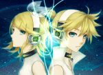  back-to-back blonde_hair brother_and_sister choker face headphones kagamine_len kagamine_len_(append) kagamine_rin kagamine_rin_(append) short_hair siblings smile twins vocaloid vocaloid_append 