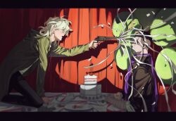  2boys absurdres arms_on_table balloon bandaged_arm bandaged_hand bandages black_border black_coat black_hair black_pants border cake chair clenched_hand clenched_hands closed_mouth coat collared_coat confetti covered_eyes curtains danganronpa_(series) danganronpa_2:_goodbye_despair expressionless face-to-face food fork from_side fruit gakuran green_jacket grey_eyes grey_hair gun hair_between_eyes high_collar highres holding holding_gun holding_weapon hood hood_down hooded_jacket indoors jacket kneeling komaeda_nagito leaning_forward letterboxed long_hair_between_eyes long_sleeves looking_at_another male_focus messy_hair multicolored_hair multiple_boys on_chair on_table open_mouth outstretched_leg pants plate pointy_nose purple_scarf revolver saman_zero7 scarab scarf school_uniform shirt short_hair sideburns sitting sleeve_cuffs spotlight strawberry streamers suit_pants surprised table tanaka_gundham three-quarter_sleeves two-tone_hair very_short_hair weapon white_hair white_shirt 