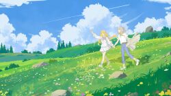  1boy 1girl absurdres ahoge arm_up artist_request artoria_caster_(fate) artoria_pendragon_(fate) bag belt blonde_hair blue_pants blue_sky brown_belt chinese_commentary closed_mouth clouds commentary_request commission day dress fate/grand_order fate_(series) grass green_neckerchief green_socks grey_bag grey_hair grey_jacket grey_socks hair_ornament half_updo hat highres holding holding_hands holding_unworn_clothes holding_unworn_jacket jacket long_hair long_sleeves neck_ribbon neckerchief no_eyes oberon_(fate) official_alternate_costume open_mouth outdoors pants pants_rolled_up pink_ribbon plaid_bag plaid_clothes plaid_pants plaid_socks pointing ribbon rock scenery second-party_source shirt shirt_tucked_in shoes short_hair short_sleeves shoulder_bag simple_flower sky smile socks tree twintails unworn_jacket walking white_dress white_hat white_shirt white_shoes wide_shot 